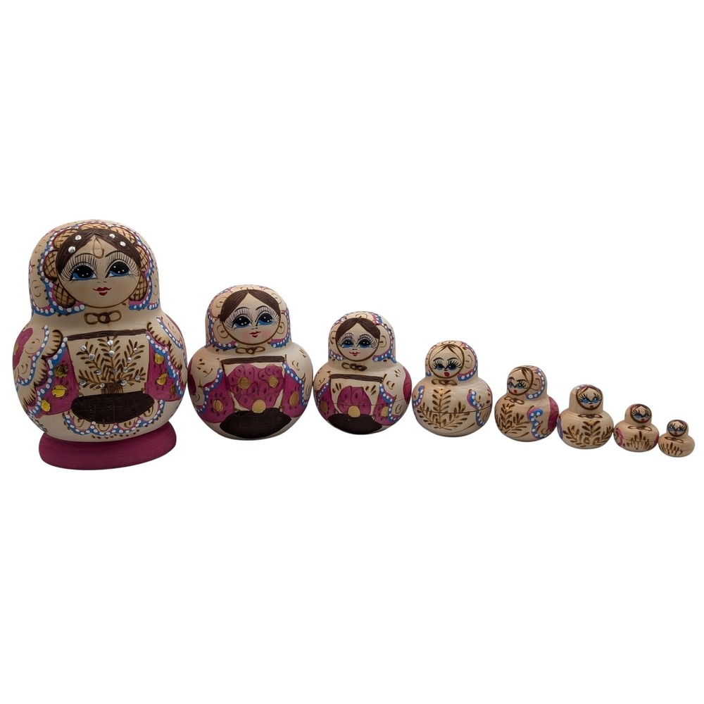 Russian Matryoshka Nesting Dolls 8 Pc Set Pink Blue Gold Floral Wood Hand Paint